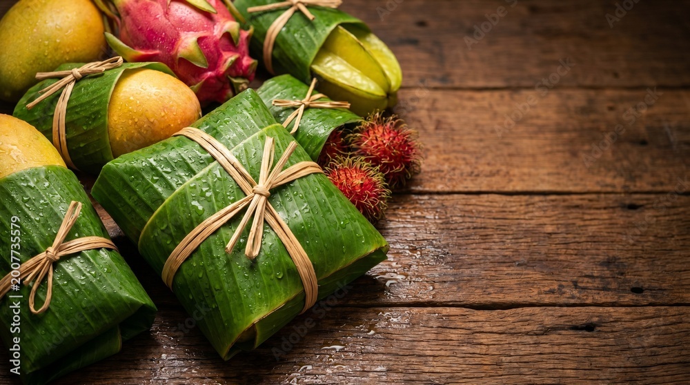 Fototapeta premium Assorted Tropical Fruits Wrapped in Traditional Banana Leaves on Rustic Wooden Background, Conceptual Image for International Plastic Free Day, Sustainable Natural Packaging, and Zero Waste Lifestyle