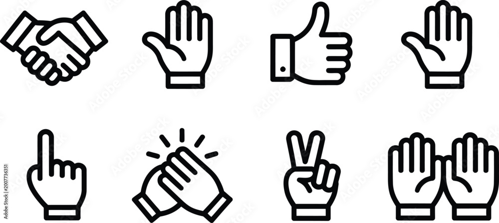 Fototapeta premium Set of hand gesture line icons including handshake stop like click clap peace minimal outline vector illustration communication concept 