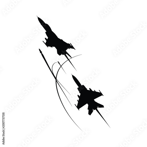 Fotografie Aerial combat dogfight between fighter jets silhouette illustration vector line art set