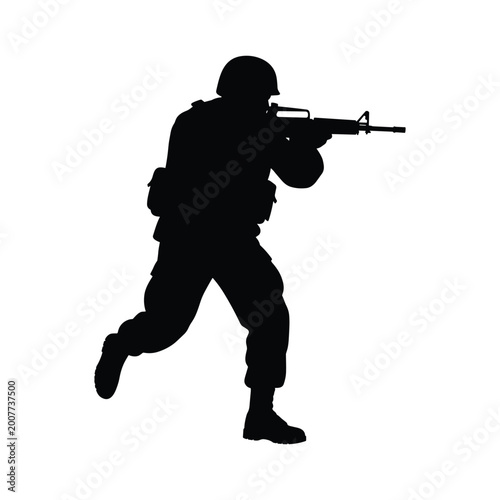 Billede på lærred Soldier aiming rifle vector silhouette illustration, army infantryman line art concept
