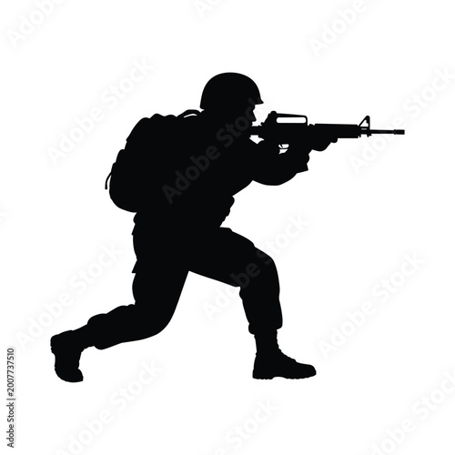 Foto Soldier with rifle vector silhouette illustration, special forces commando line art design