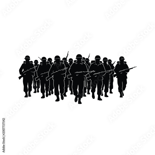 Foto Squad of infantry soldiers marching forward with rifles silhouette vector illustration art