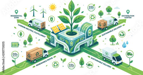 Sustainable green logistics and eco-friendly supply chain concept with electric delivery trucks renewable energy solar panels and carbon neutral fulfillment center vector illustration.