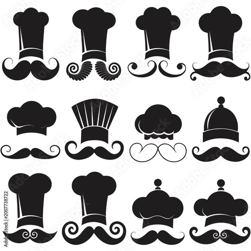 vintage chef hats with curly mustaches silhouette vector on a white background