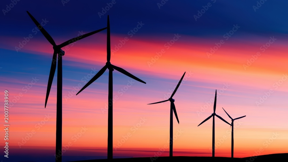 Fototapeta premium Wind turbines silhouetted against a spectacular sunset sky, symbolizing clean energy and sustainable future.