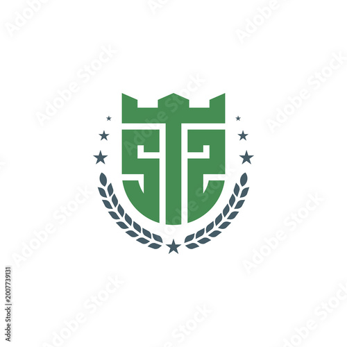 Green Shield Emblem with Laurel Wreath and Stars.