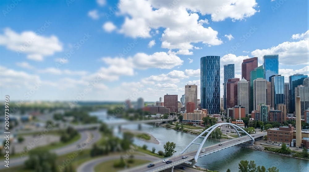 Fototapeta premium An aerial view of a bridge over a river with a city in the background.