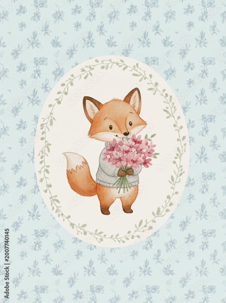 Obraz premium Watercolor woodland nursery animals art bundle. Cute fox, goose, deer, and bunny with floral and plaid backgrounds. Baby room wall decor prints. PNG elements.