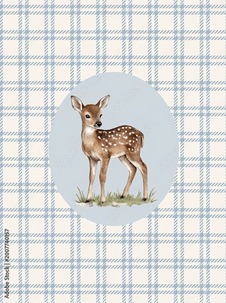 Naklejka premium Watercolor woodland nursery animals art bundle. Cute fox, goose, deer, and bunny with floral and plaid backgrounds. Baby room wall decor prints. PNG elements.