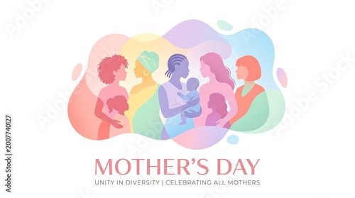 Modern Mother’s Day Greeting Banner with Multicultural Mothers and Children Soft Pastel Illustration Design
