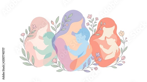 Diverse Mothers Illustration with Children in Soft Pastel Style Modern Motherhood Love and Family Concept