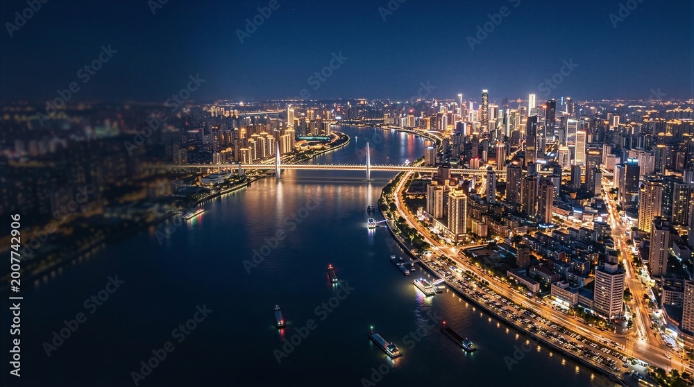 Fototapeta premium An aerial view of a city skyline at night.