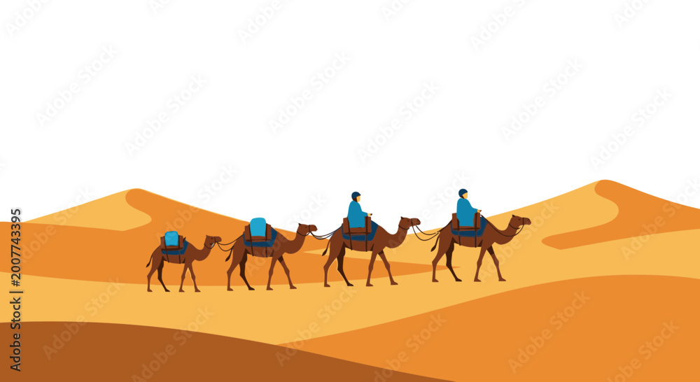 Fototapeta premium Camel caravan illustration in desert landscape with copy space
