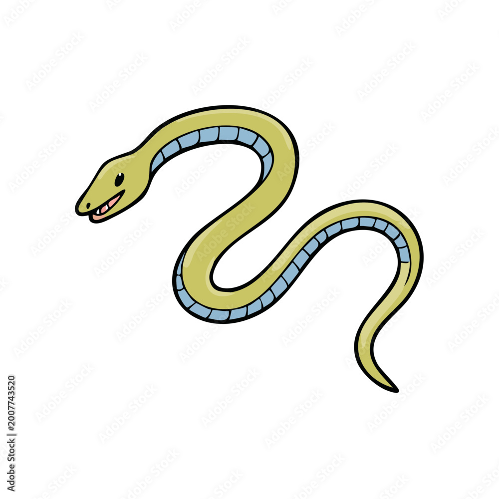 Fototapeta premium Cartoon yellow snake with blue scales and a smiling face