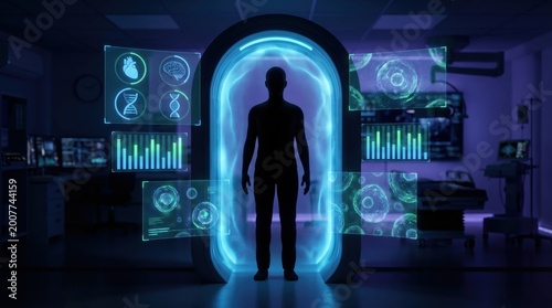 Human Silhouette in Futuristic Body Scan Portal with Health Data Screens for Longevity Technology