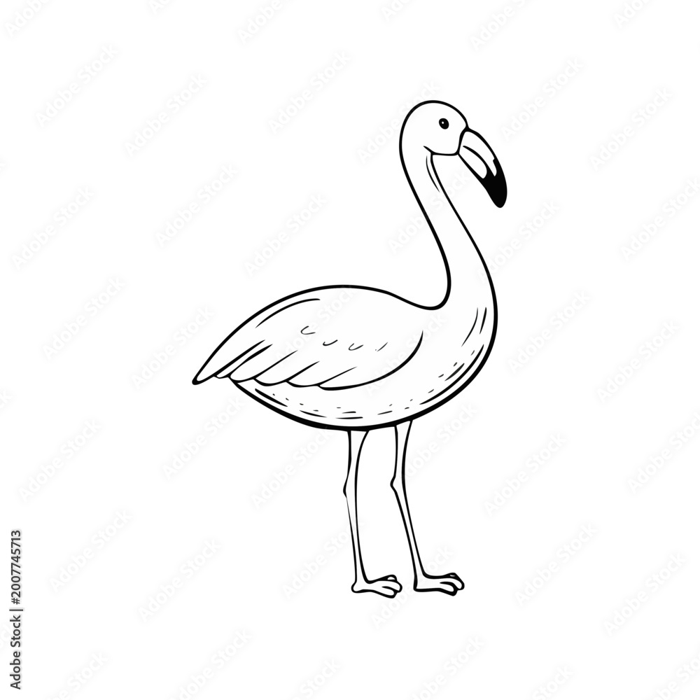 Obraz premium Hand drawn line art illustration of a single flamingo bird standing gracefully on its thin legs in profile view