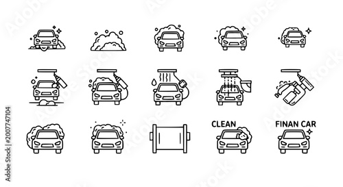 Complete car wash service and professional auto detailing vector icon set featuring automatic washing station foam bubbles and shiny clean vehicles for automotive business.