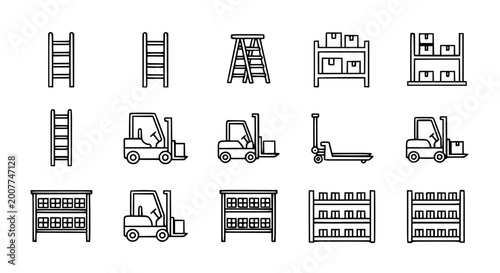 Industrial warehouse logistics and heavy equipment vector icon set including forklift pallet jack ladders and storage shelving for inventory management and distribution services.