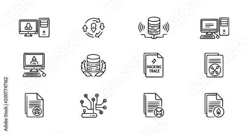 Cyber security and data protection vector icon set featuring computer server hacking traces network synchronization and digital file management symbols for information technology and internet safety c