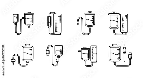 Photos Medical IV drip and intravenous infusion bag vector icon set featuring saline solution blood bags and fluid therapy equipment for hospital healthcare treatment and emergency clinical services