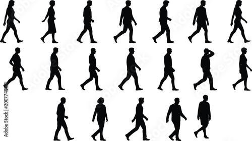 Schilderij op canvas Collection of walking people silhouettes set diverse human figures side view iso