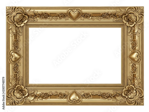 Golden ornate picture frame with hearts and roses isolated on transparent background