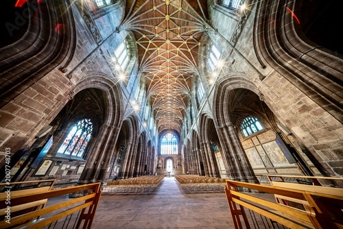 The Chester Cathedral on a weekday before services.  The church is an old, gothic Anglican Church that was built beginning in the 13th century and c