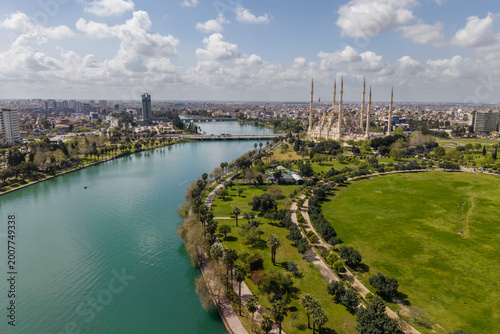 Aerial view of Seyhan River and Sabanci Central Mosque in Adana Turkey cityscape landscape