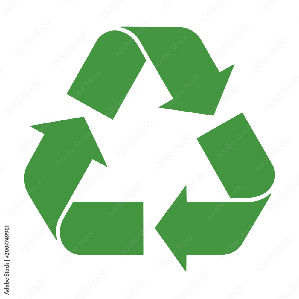 Fototapeta premium Minimalist recycling symbol with three interlocking arrows in forest green isolated on white background, sustainability and environmental conservation concept