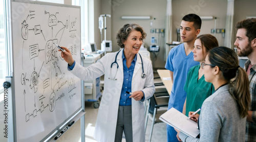 Female doctor teaching medical students using whiteboard diagram. Professor explaining healthcare concepts to group of trainees in classroom. Professional education and clinical training.