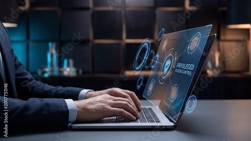 Executive using laptop with privileged access control display, identity centric security nodes and enterprise authorization interface for cyber governance and secure infrastructure
