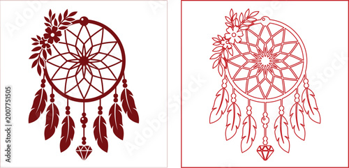 Photos Bohemian dreamcatcher vector set, floral dream catcher with feathers and beads,