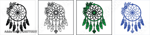 Fotografie Bohemian dreamcatcher vector set, mystical dream catcher with feathers and flowe
