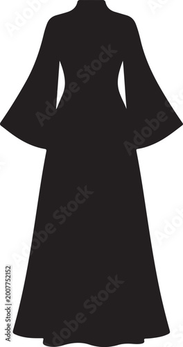 A black silhouette of a full-length 1970s style maxi dress featuring a high neck and dramatic wide flared bell sleeves against a white background.
