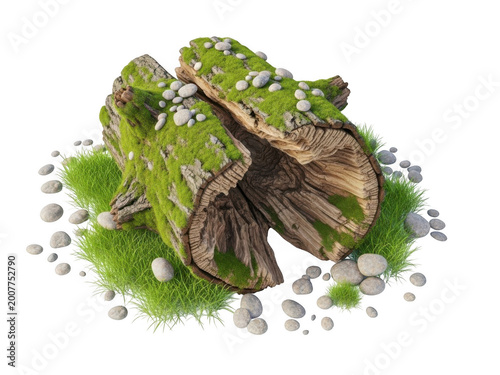 Mossy wood log in natural setting isolated on transparent background