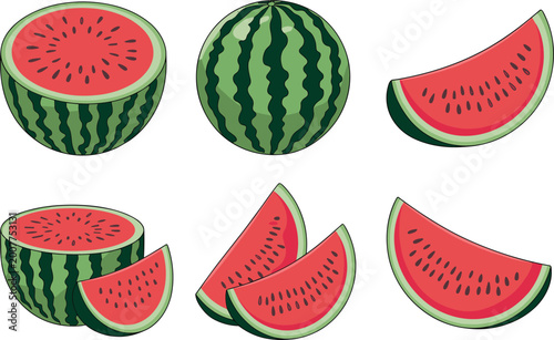 Fotografia Watermelon illustrations showing whole fruit, halves, and slices with striped ri