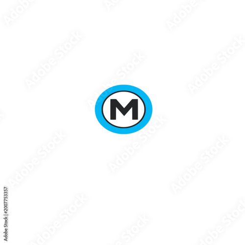 Neon Blue Circle Letter M Logo White Background - Black Outline Monogram