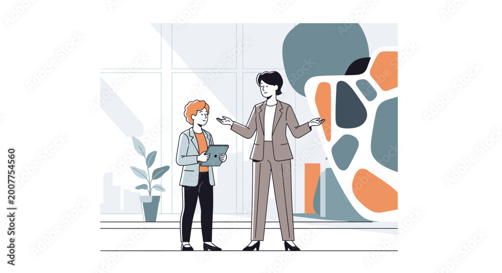 Fototapeta premium Two business professionals discussing in modern office interior