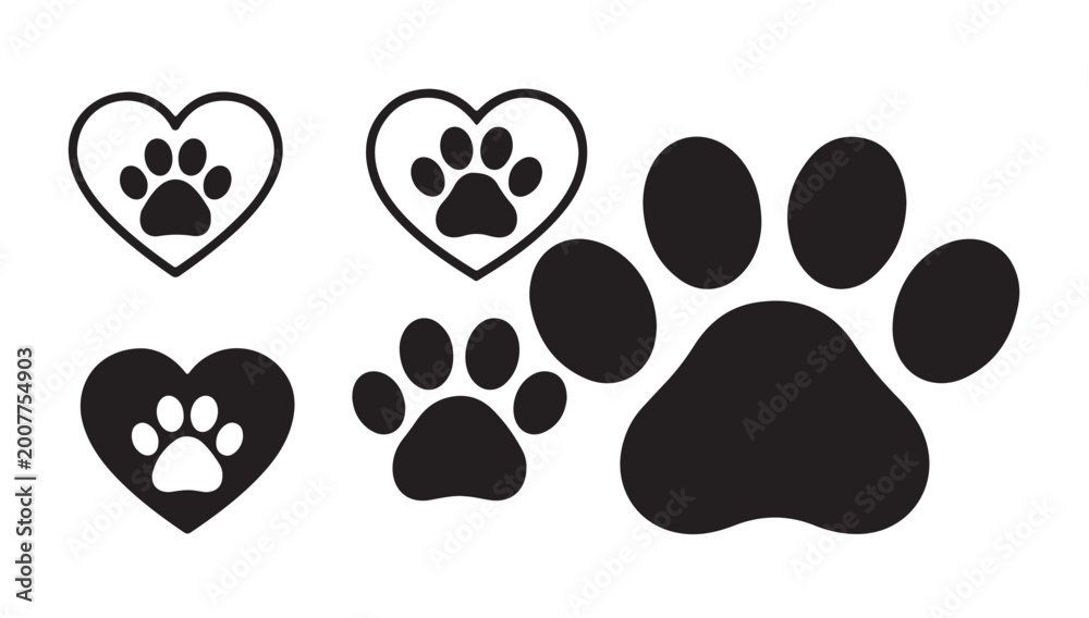 Fototapeta premium Paw print and heart vector set, isolated pet love sign on white background.
