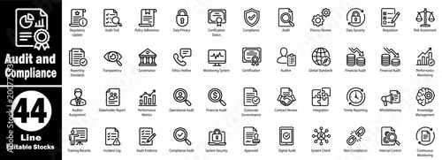Photos Audit and compliance icons collection set line editable stocks including regulatory update audit trail, policy adherence, data privacy certification status, and compliance