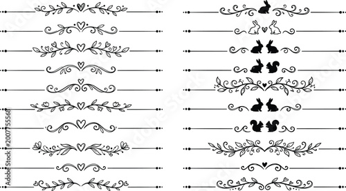 Vector illustration of ornate decorative dividers with swirls, leaves, hearts, and whimsical animal motifs