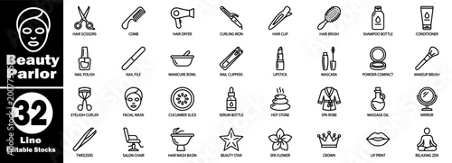 Φωτογραφία Beauty parlor line icons contain editable stocks, like hair scissors, comb, hair dryer, curling iron, hair clip, and hair brush