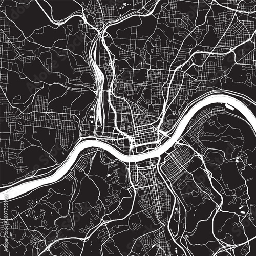 Tableau sur toile Cincinnati Ohio Vector Map, Detailed City Street Map Black and White Minimalist