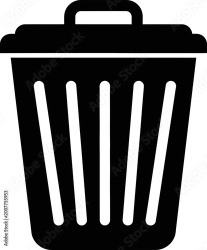 Black trash can icon with handle and slotted sides on transparent background