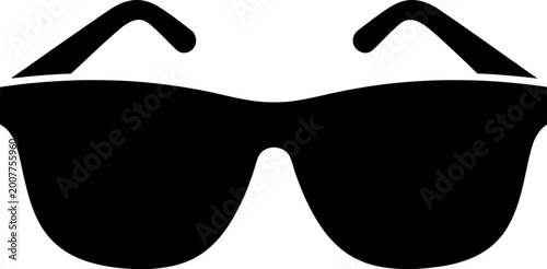 Black sunglasses with dark lenses and curved temples on white background