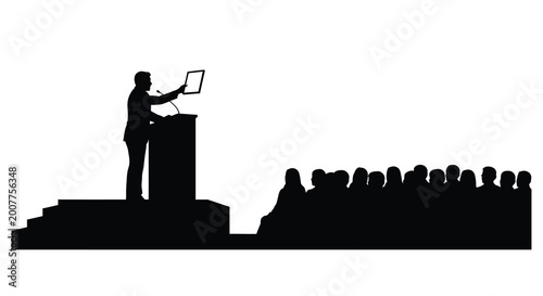 Foto speaker at podium with audience silhouette high quality