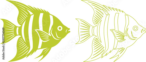 Schilderij op canvas Stylized angelfish vector icons, lime green tropical fish silhouettes, decorativ