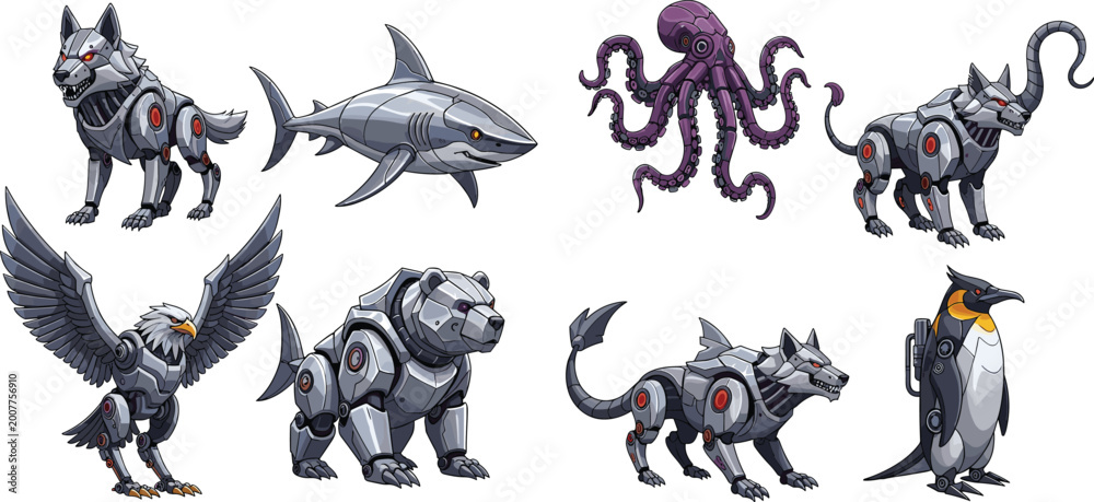 Fototapeta premium Futuristic Robotic Animals Collection with Mechanical Wolf, Shark, Octopus, Eagle, Bear, and Penguin Sci-Fi Vector Illustration Set for Game and Concept Design