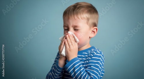 young boy sneezing into tissue in blue striped shirt against plain background
