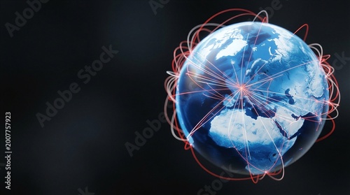 A close-up of a blue globe with a black background.
